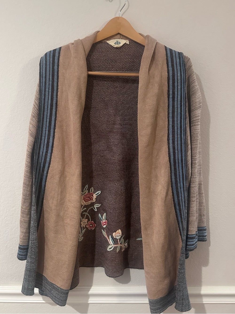 HWR Anthropologie Crane Embroidered Knit Cardigan Sweater LP Beige Blue - Picture 4 of 9